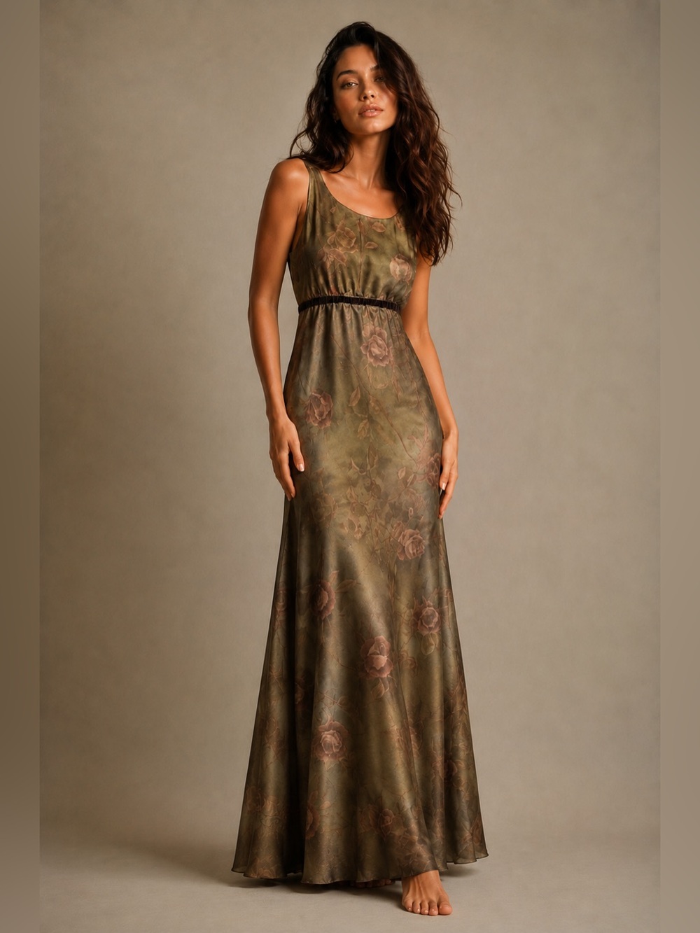 Vintage Scott McClintock Olive Floral Maxi Dress size 8